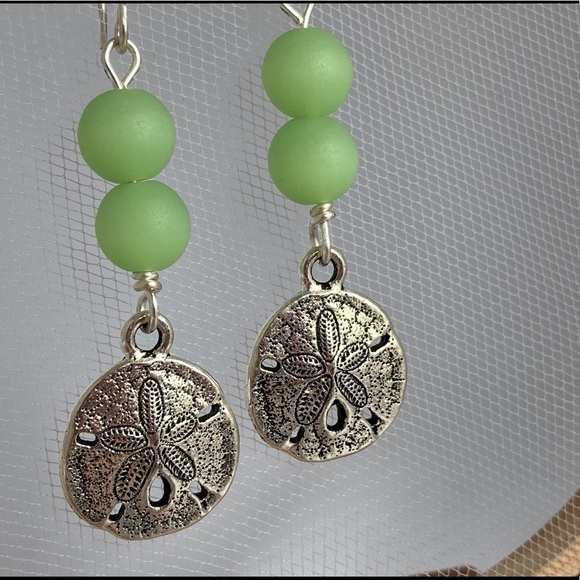 SEA Glass Beads and Sand Dollar Charm Dangle Earrings - Picture 2 of 10
